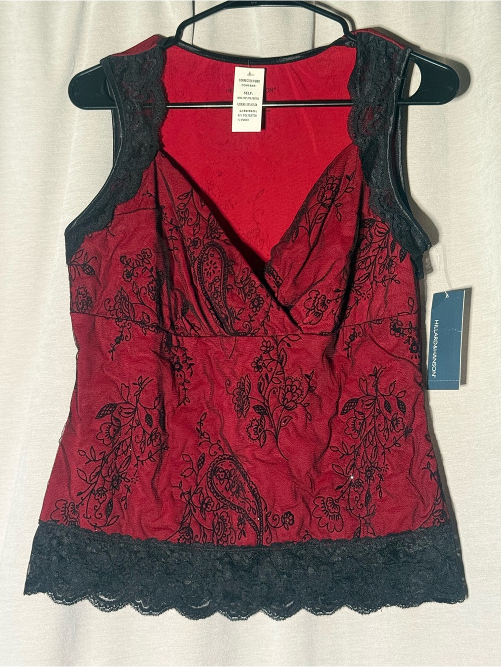 Hillard & Hanson NWT Red & Black Lace Overlay Tank Top Size Large Blouse